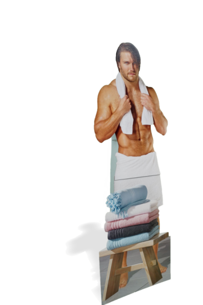 Kartonnen lifesize display van een man met een handdoek