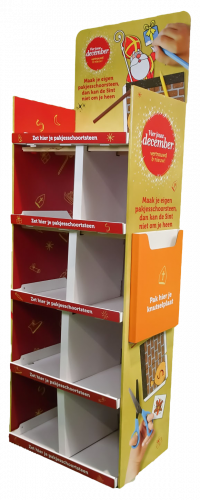 Een display voor een sinterklaasactie, met 9 vakken in goud en rood